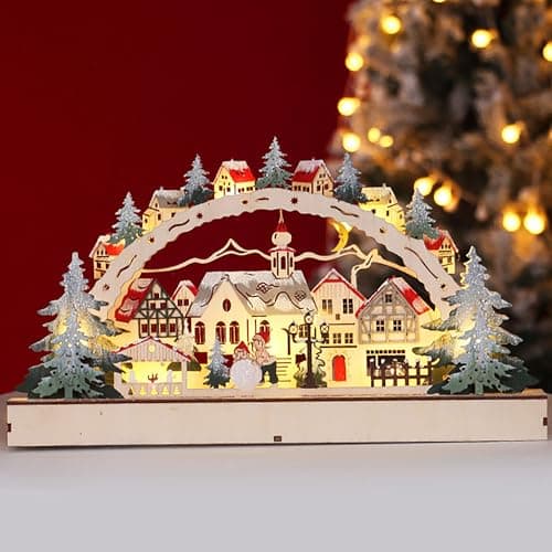 Image of YUEMING LED Wooden Festive Scenes, Battery Operated Warm White LED, Natural Wood, Christmas Village Window Display, Indoor Decorations, Light Up Ornaments