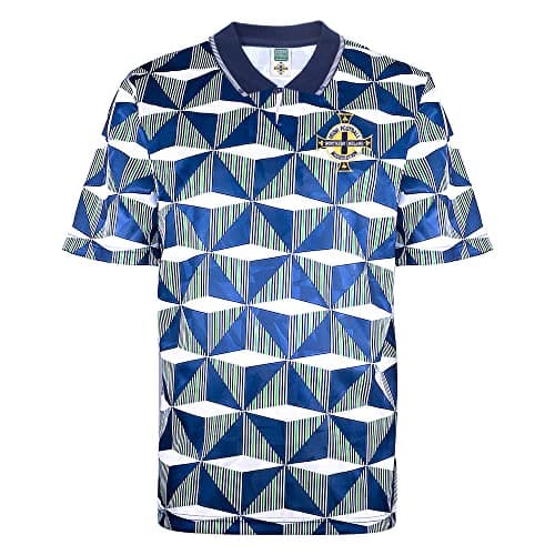 Image of Score Draw Northern Ireland 1990 Away Shirt Blue/White Small Polycotton