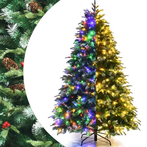 Image of SPOTRAVEL 5FT/6FT/7FT Pre-Lit Christmas Tree, Hinged Snowy Artificial Xmas Tree with 250/350/450 LED Lights, Pine Cones & Red Berries, 581/899/1315 Branch Tips & 11 Flash Modes (150 cm)