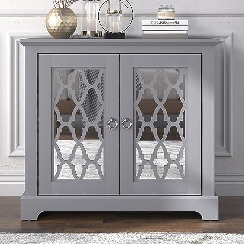 Image of GFW Honiton Narrow Mirrored Sideboard Cabinet Unit & 2 Storage Cupboards, Furniture For Living, Dining Room, Hallway & Office, Natural Wood Grain Hallway Furniture Cool Grey Finish, D39 x H74 x W82.cm