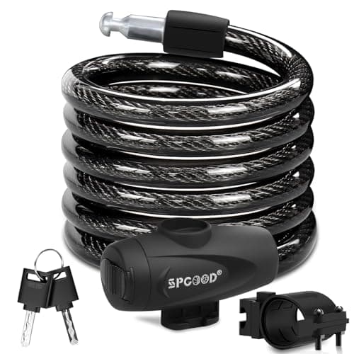 Image of SPGOOD Bike Lock 1200mm/12mm with 2 Keys,Bicycle Lock with Mounting Bracket,Steel Cycling Cable Lock High Security,Lightweight Coiling Cable Lock for Bike,Scooter,Skateboard,Gate,Door (A-Black)