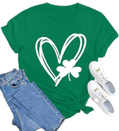 Image of SUWATOIN Womens St Patricks Day T Shirt Shamrock Heart Print Shirt St. Patrick's Day T-Shirt Irish Gift Tops