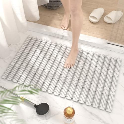 Image of HITSLAM Shower Mat Non Slip Anti Mould, 68x40CM Bath Mat Non Slip for Tub, Quick Drain TPE Bathtub Mat with Suction Cups, Bathroom Accessories, Cut to Size, Light Grey