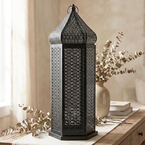 Image of VELA LANTERNS 53cm Extra Large Tower Temple Moroccan Lantern Lamp Decorative Candle Holders for Ramadan Decorations, Hanging, Outdoor Patio or Porch, Indoor Home Decor, Black