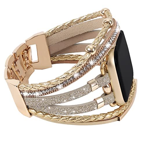 Image of WONMILLE Posh Leather Bands Compatible With Apple Watch 41mm 40mm 38mm Women, Boho Bracelets Jewelry Multilayer Wrap Strap for iwatch Series SE 8 7 6 5 4 3 2 1 (Glitter Gold, 38mm/40mm/41mm)