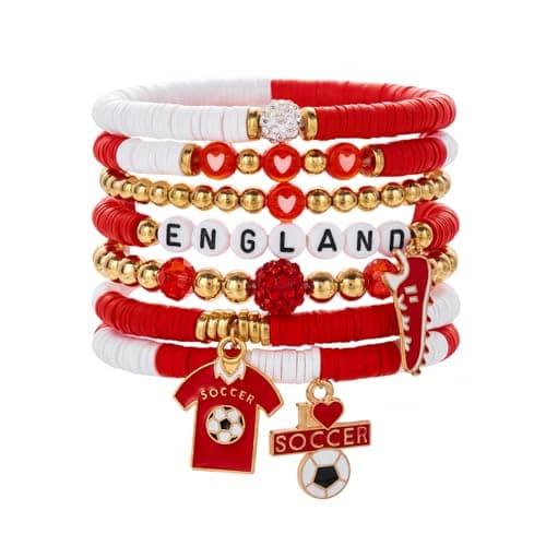 Image of 7Pcs Soccer Bracelets Set for England Fans, Football Gifts for Girls Boys, Stackable Stretch Beaded Wristbands with Charms, Bracelets for Football Party Bags Fillers