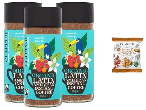 Image of Clipper Latin American Instant Coffee 100g + Primadeli Snack – Organic Fairtrade Arabica, Medium Roast, Smooth & Toasty Flavour, Natural Ingredients, (Pack of 3) from SuperfoodUK
