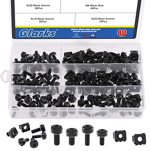Image of Glarks 80Sets/160Pcs M5 M6 Cage Nuts and Screws Set, M5 x 16mm, M5 x 20mm, M6 x 16mm, M6 x 20mm Square Hole Hardware Cage Nuts & Mounting Screws Washers for Server Rack and Cabinet (Black)