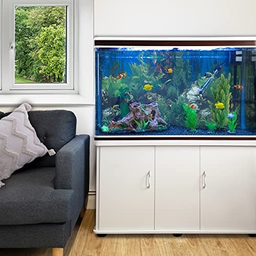 Image of MonsterShop Large Fish Tank White 4ft 300L 65 Gal Aquarium Marine Tropical Saltwater Freshwater. White Cabinet Storage Stand. Blue Gravel. Filter, Air Pump, Heater, LED Light Tank Accessories…