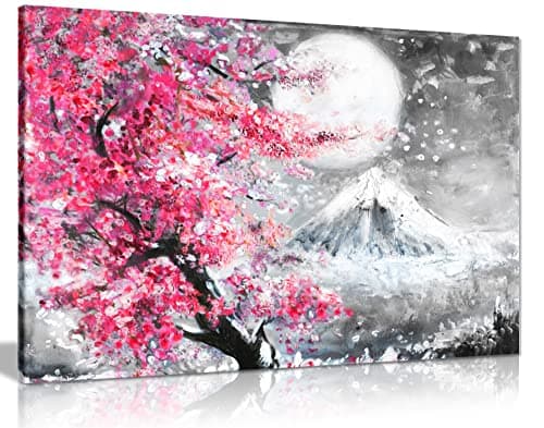 Image of Panther Print, Canvas Prints, Framed Wall Art for Bedroom & Living Room, Modern Home Decor, Pink Black & White Oil Painting Japanese Cherry Blossom Landscape, Print for Special Occasions (36x24 Inch)
