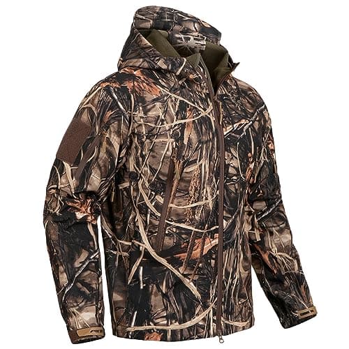 Image of CARWORNIC Men's Camo Quiet Hunting Jacket Waterproof Softshell Fleece Lined Camouflage Outdoor Hiking Fishing Coat, Reeds Camo, XXL