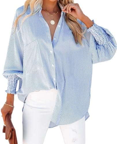 Image of MINTLIMIT Women's Smocked Cuffed Striped Button Down Shirt Long Sleeve Oversize Blouse Tops for Women 2024 Blue