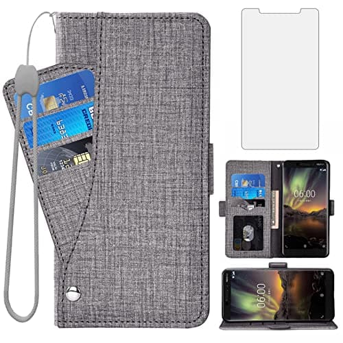 Image of Asuwish Compatible with Nokia 6.1 2018 Wallet Case Tempered Glass Screen Protector and Leather Flip Cover Card Holder Stand Cell Accessories Magnetic Phone Cases for Nokia6.1 TA-1045 Women Men Gray