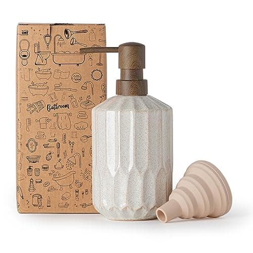 Image of Fun Elements Bathroom Soap Dispenser, 16 Oz Luxurious Hand soap Dispenser for Bathroom, Ceramic Liquid Soap Dispenser for Bathroom Countertop with Plastic Pump, Silicone Funnel (Wooden Color Pump)