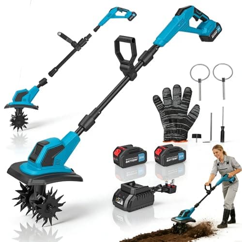 Image of Cordless Tiller 600W Electric Tiller Garden Tiller 2x 2.0Ah Batteries & Fast Charger, 360RPM 4 Blades Tillers and Cultivators, 9"/23cm Width 6.7"/17cm Depth Rotavator for Weeding Soil Loosening Lawn