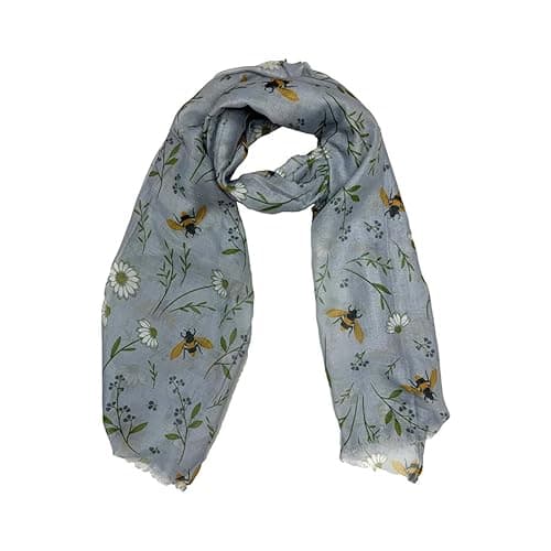 Image of Zac's Alter Ego Floral Bee Print Scarves, Lightweight Fashion Wrap Shawls in Multicolour with Daisy Pattern, Decorative Accessory For Women (Grey)