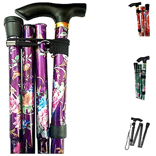 Image of PLASTIFIC Walking Stick, Easy Adjustable Height Folding Extendable Walking Cane, Lightweight Flexible and Durable Walking Aid Mobility Aid Collapsible Walking Stick (A-Purple Floral)
