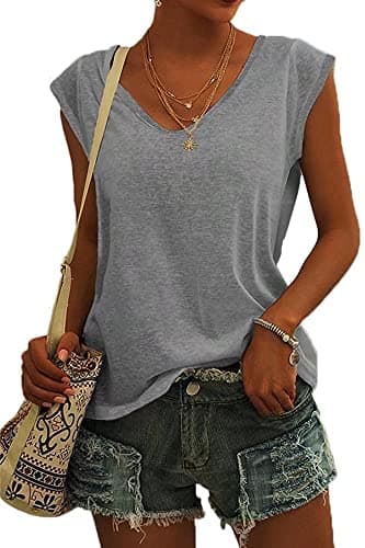 Image of ASKSA Women V Neck Cap Sleeve T-Shirt Summer Solid Color Tank Top Casual Loose Shirts Basic Tee Tops (Grey,S)