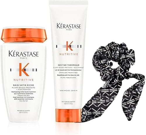 Image of KÉRASTASE Nutritive Nourishing & Sublimating Routine for Dry and Thick Hair - Rich Satin Bath Shampoo (250 ml) + Thermal Nectar (150 ml) + Foulchy (Scrunchie Scarf)