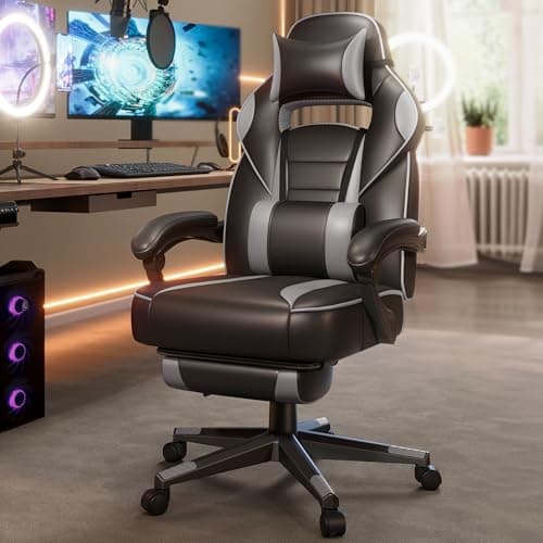 Image of SONGMICS Racing Gaming Chair, Adjustable Office Chair with Footrest, Ergonomic Design, Headrest, Lumbar Support, 150 kg Weight Capacity, Ink Black and Dove Grey OBG073BH08