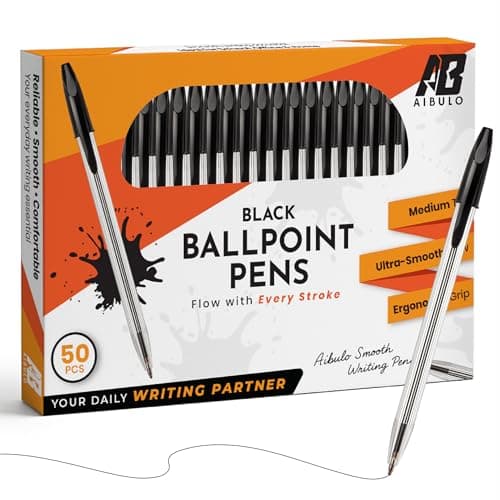Image of AIBULO Pack of 50 Black Biro Pens – Medium Point Ball Point Pens for Smooth Writing – Quick-Dry Black Ink & Comfortable Grip – Office Product & School Supplies Biros Multipack Black