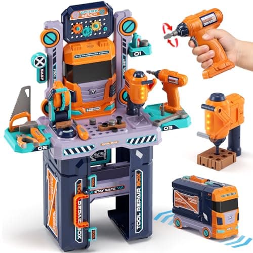 Image of Lehoo Castle Kids Tool Bench, 2 in 1 Workbench & Truck Toy in One Design, Kids Tool Set with Realistic Electric Drill, STEM Learning Toys for 3+ Years Old Boys & Girls