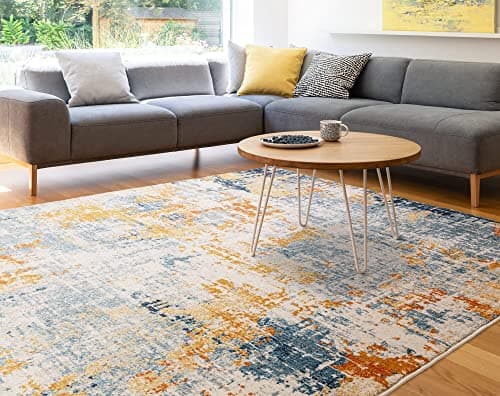 Image of Lord of Rugs Nova NV39 Abstract Modern Rug for Living Room Bedroom Dining Lounge Kitchen Contemporary Hard Wearing Quality Marble Soft Rug Ochre Blue Large 160x230 cm (5'3"x7'7")