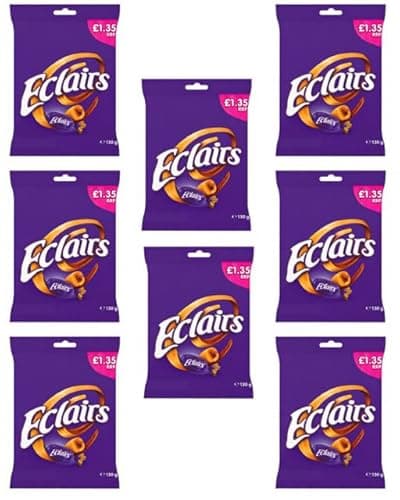 Image of 8 x Milk Chocolate Eclairs 130g Bags – Chewy Caramel Sweets with Smooth Milk Chocolate Centres – Bulk Multipack Toffee Candy Bundle – Delicious Family Treats & Gift Bag Fillers – Vegetarian Friendly