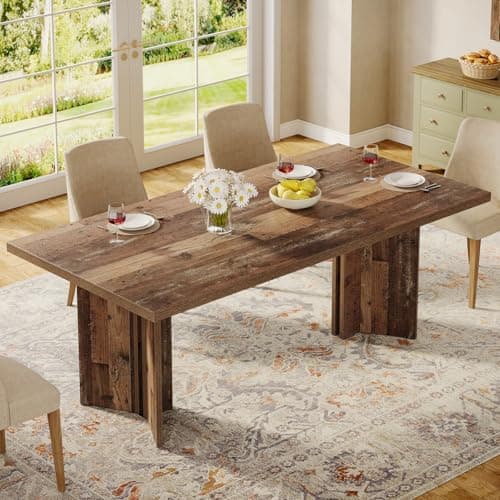 Image of Tribesigns Farmhouse Dining Table for 4 to 6 People, 63-inch Rectangle Wooden Kitchen Table with Large Tabletop and Heavy Duty Legs for Dining Room,Kitchen, Distressed Brown