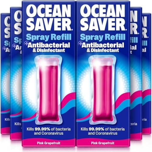 Image of OceanSaver Antibacterial & Disinfectant Surface Cleaning Spray - 6x 9ml Refills | Powerful Just Add Water Multi-Surface Cleaner | Plastic-Free, Plant Based & Cruelty-Free | Pink Grapefruit Scent