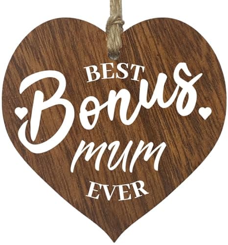 Image of Step Mum Gifts from Daughter Son - Best Bonus Mum - Best Step Mum Gifts, Presents for Step Mum, Hanging Wooden Heart Sign Plaque, Birthday Gifts for Mum Gift, Mothers Day - Dark Wood Hearts Sign