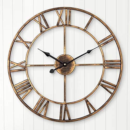 Image of ARVINKEY Silent Wall Clock, European Farmhouse Vintage Clock with Roman Numerals, 47cm Non-Ticking Battery Operated Metal Skeleton Decorative for Home Kitchen (Gold)