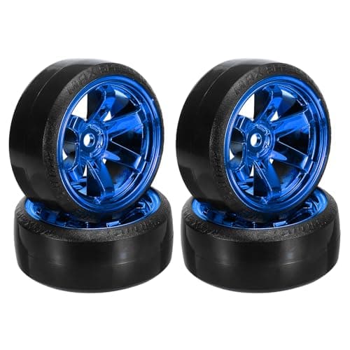 Image of sourcing map 4Pcs 1/10 Drift Car Tires 6-Spoke Hex RC Hub Wheel Rims with Plastic Tires Hard Tyre Replacement for On-Road Drifting Vehicles, Bright Blue