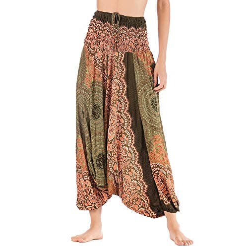 Image of Nuofengkudu Women's Harem Fisherman Trousers Patterned Off The Shoulder Jumpsuit Baggy Romper High Waist Comfy Drop Crotch Pants Bohemian Summer Beach Loungewear(Dark Green,One Size)