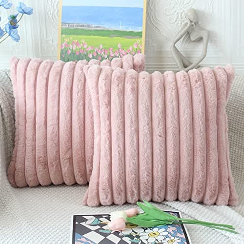 Image of NIULAA Pink Cushion Covers 50cm x 50cm Fluffy Faux Fur Cushion Covers 20x20 inches Set of 2 Pillow Covers Soft Plush Pillowcases for Sofa Bed Moroccan Style Home Decor Cushion Cover