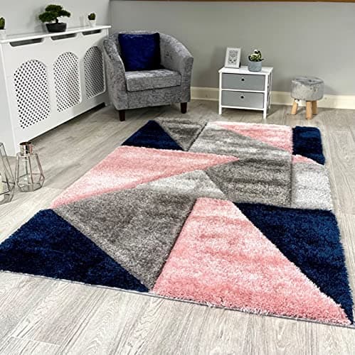 Image of RUGS SUPERSTORE NEW BLUSH ROSE PINK GREY NAVY SILVER SILKY SOFT SHAG PILE RUG TRIANGLE DESIGN CONTEMPORARY SHAGGY MAT (120X170CM)