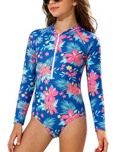 Image of JiAmy Girls Long Sleeve Swimming Costume Sun Protection One Piece Girls Swimsuit Round Neck Zipper Kids Bathing Rashguard for 8-9 Years, Navy Blue- Floral