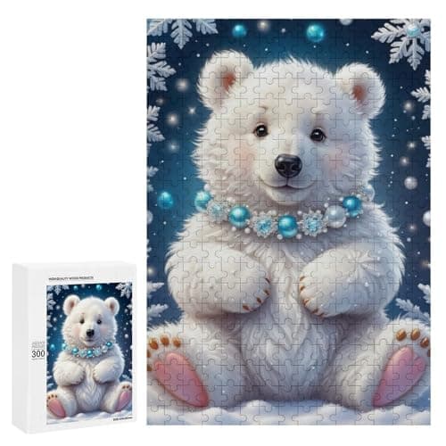 Image of 300 PCS Jigsaw Puzzles- Snowy Polar Bear with Jewels Jigsaw for Adults Relaxing Games Staycation Kill Time Deal As Gifts for The Whole Family 300 PCS