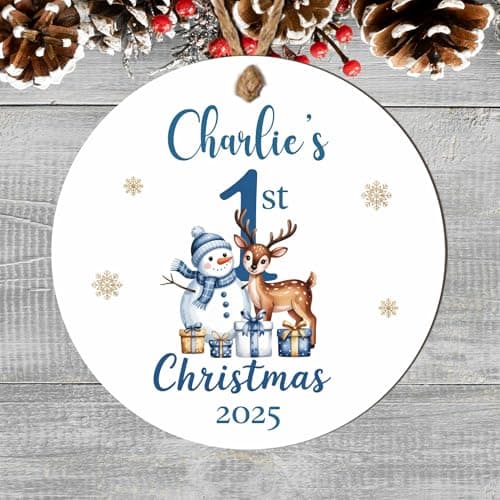 Image of Personalised Wooden or Acrylic Baby's 1st Christmas Hanging Tree Decoration, Xmas Custom Name & Year Bauble, Keepsake New Baby Gifts (Snowman and reindeer, MDF Wood - Indoor Use Only)