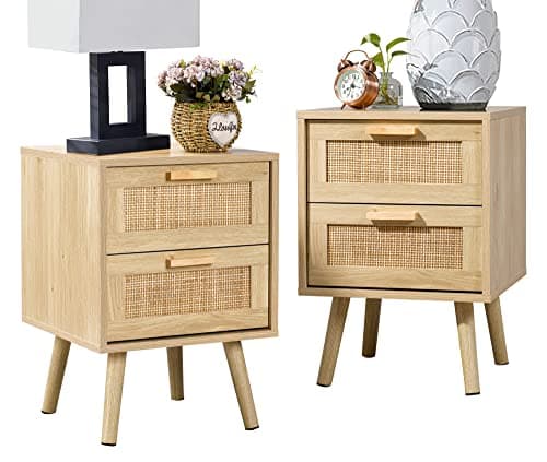 Image of Finnhomy Bedside Tables Set of 2, Side Table with 2 Hand Made Rattan Decorated Drawers, Night Stand Set 2, Wood Nigntstand, End Table with Storage for Bedroom, Natural, 2 Pack