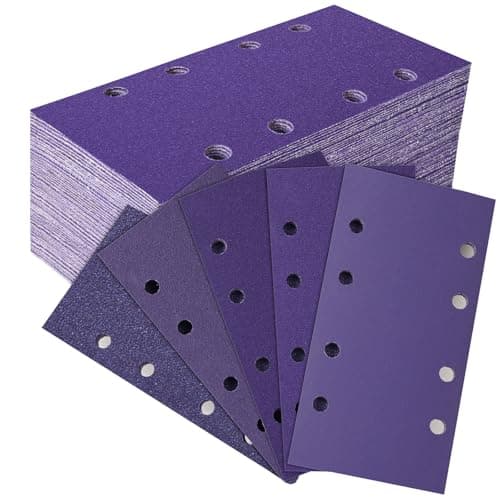 Image of MOGRQAP 50 PCS Sanding Sheets 93 x 185mm, 60/80/120/240/400 Grit Ceramics Sandpaper Hook and Loop Rectangular Sanding Pads with 8 Holes for Bosch Sander Wood Metal Polishing and Rust Removal