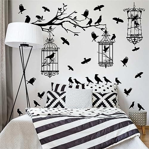 Image of MOSITU Crow Wall Decals 34 Pcs Black Raven Stickers with Tree Branch and Bird Cage Removable Vinyl Wall Art for Bedroom Living Room Goth Farmhouse Decor