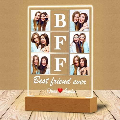 Image of WMDIY Personalised Best Friend Birthday Gifts for Women, Customised Acrylic Plaque LED Wood Frame with Photos Night Light, Funny Christmas Holiday Friendship Gifts for Bestire BFF Sister