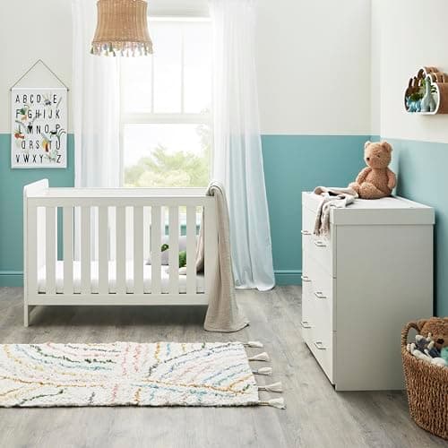 Image of Babymore Caro Mini 2 Piece Nursery Room Set White Wash - 1 Baby Cot Bed & 1 Chest Changer With 3 Double Handle Drawers, Wooden Chest Of Drawer Storage Cabinet | 2 Piece Caro Mini Nursery Furniture