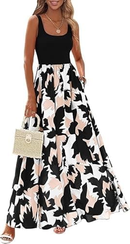 Image of Crsiphee Women Summer Dresses Boho Floral Maxi Dress Sleeveless Tank Flowy Beach Dresses Long Sundress for Vacation Resort and Cruise Wear 2026 Black M