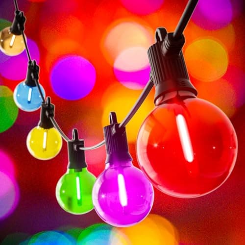 Image of Kawaya Coloured Christmas Lights Outdoor Garden Mains Powered 7.6m / 25ft with 12 Coloured LED Bulbs Fairy Multicolor String Light Festoon Waterproof for Festival Fence Party