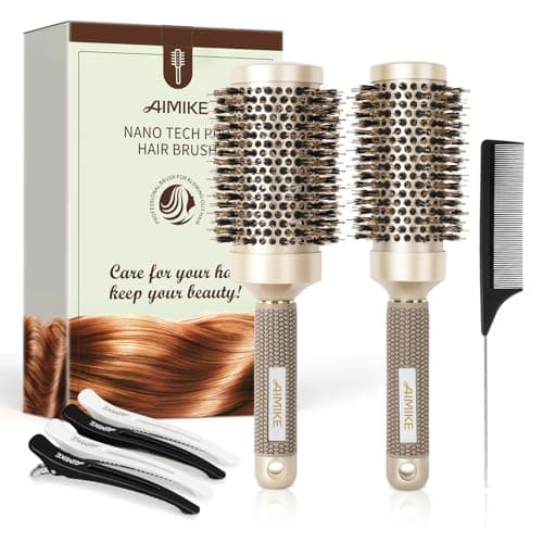 Image of AIMIKE Hair Brush Set, Nano Thermal Ceramic & Ionic Tech Round Barrel Brush with Boar Bristles for Blow Drying, Enhance Texture for Styling, Curling and Shine, Includes 1 Tail Comb + 4 Hair Clips
