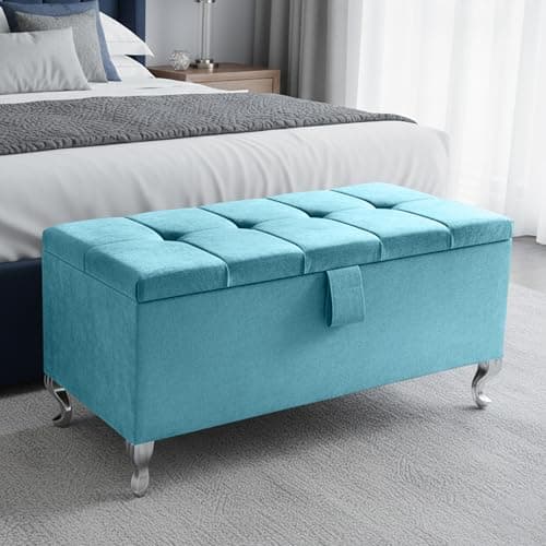 Image of Aiza's Ottoman Storage Box - Large Cube Style Engineered Wood Luxurious Plush Velvet Ottoman Storage Bench - (Teal Plush, Legs)