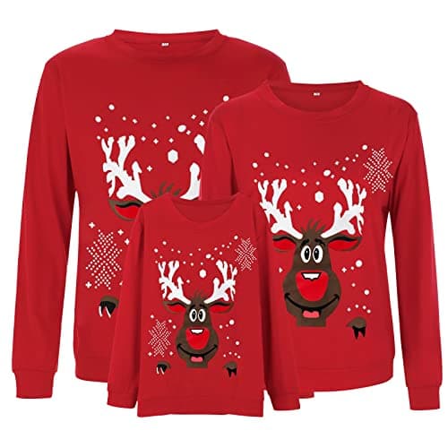 Image of Christmas Jumpers Matching Family Long Sleeve Round Neck Reindeer Snowflake Xmas Tree Sweatshirts Novelty Family Christmas Pullovers for Men, Women and Kids (A04-Red, 11-12 Years)