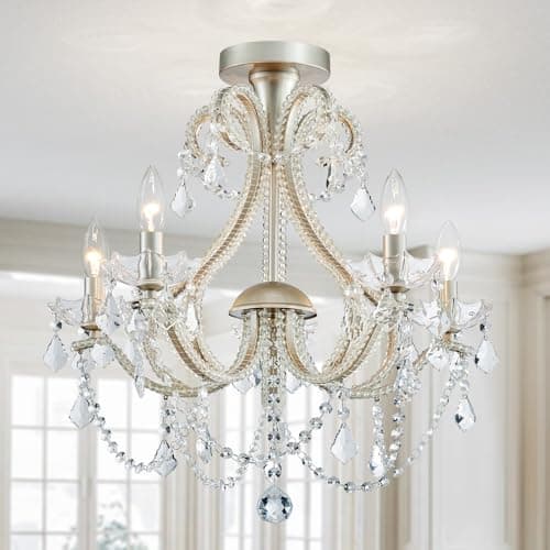 Image of WUZUPS 5-Light Crystal Candle Chandelier Flushmount Ceiling Light Modern Lighting Fixture for Bedroom Hallway Bar Kitchen Bathroom, H 53cm x W 56cm, E14 Base, Brushed Nickel